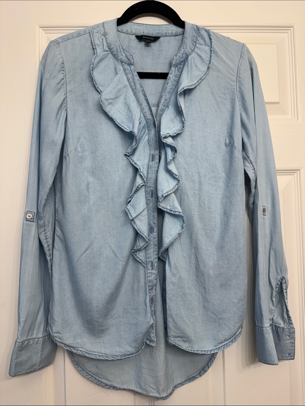 RW&CO. Light Blue Ruffle-Front Blouse